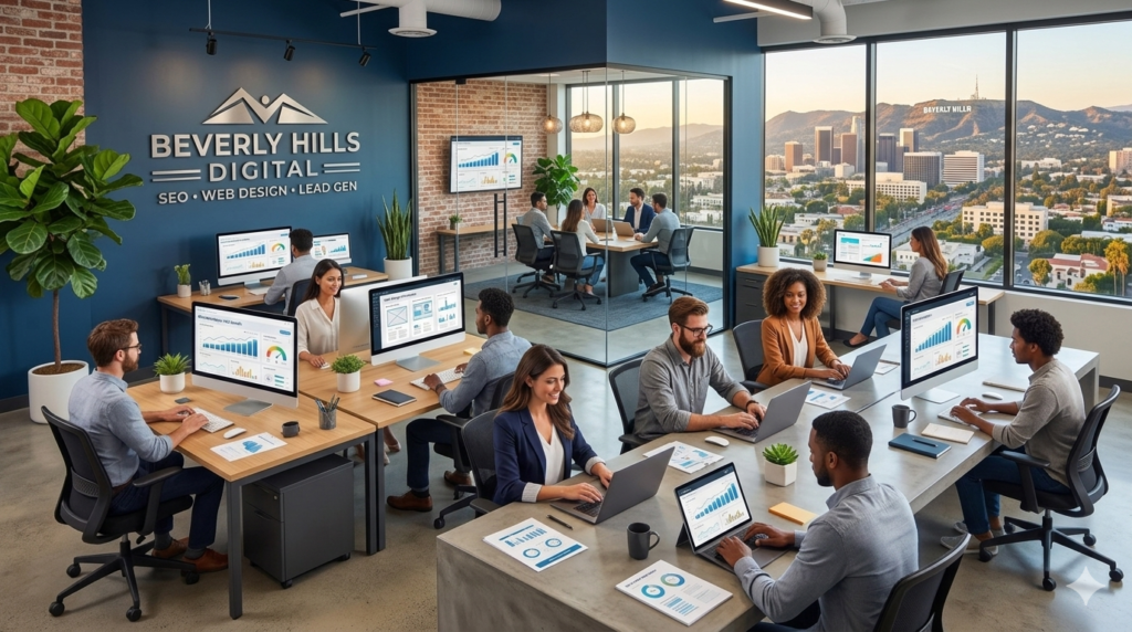 Digital Marketing Agency in Beverly Hills, California providing SEO, Local SEO, website design, WordPress development, Shopify development, technical SEO, website maintenance, content marketing, and lead generation services.