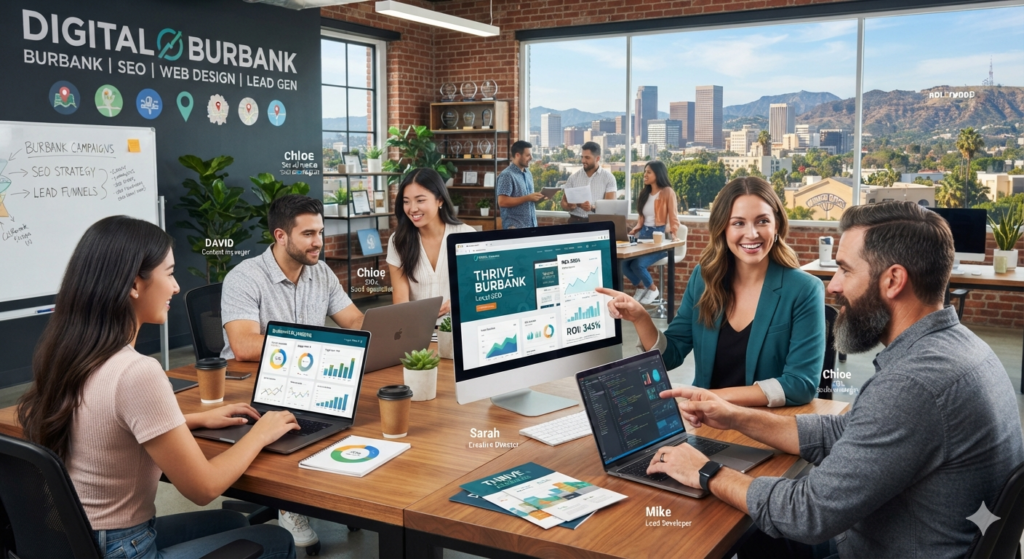 Digital Marketing Agency in Burbank, California providing SEO, Local SEO, website design, WordPress development, Shopify development, technical SEO, website maintenance, content marketing, and lead generation services.