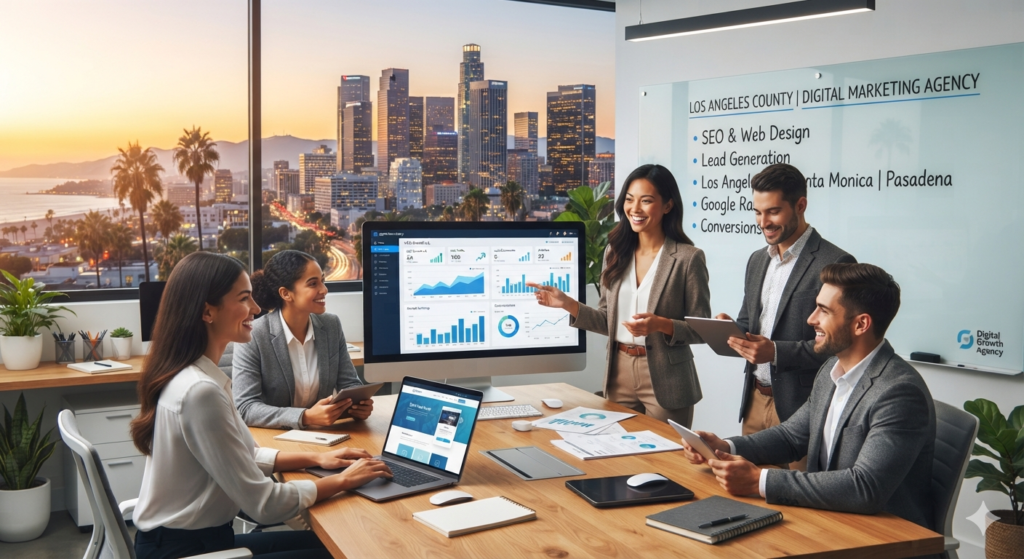 Digital Marketing Agency in Los Angeles County, California offering SEO, Local SEO, website design, WordPress development, Shopify development, content marketing, and lead generation services.