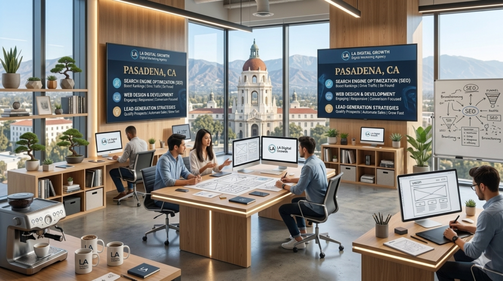Digital Marketing Agency in Pasadena, California offering SEO, Local SEO, website design, WordPress development, Shopify development, website maintenance, technical SEO, content marketing, and lead generation services.