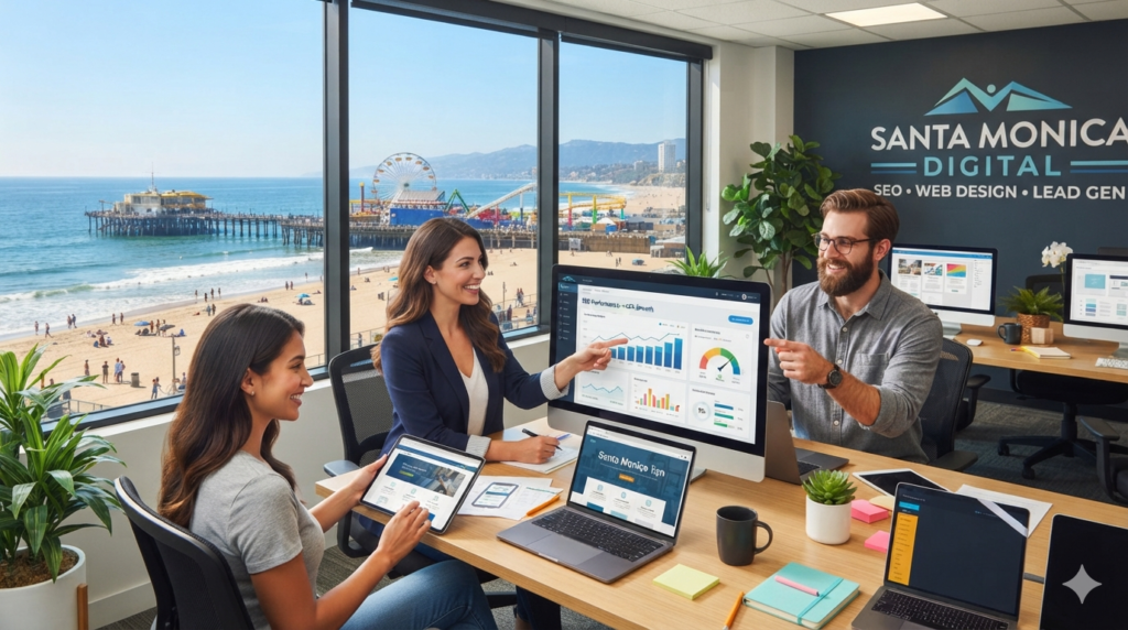 Digital Marketing Agency in Santa Monica, California providing SEO, Local SEO, website design, WordPress development, Shopify development, technical SEO, website maintenance, content marketing, and lead generation services.