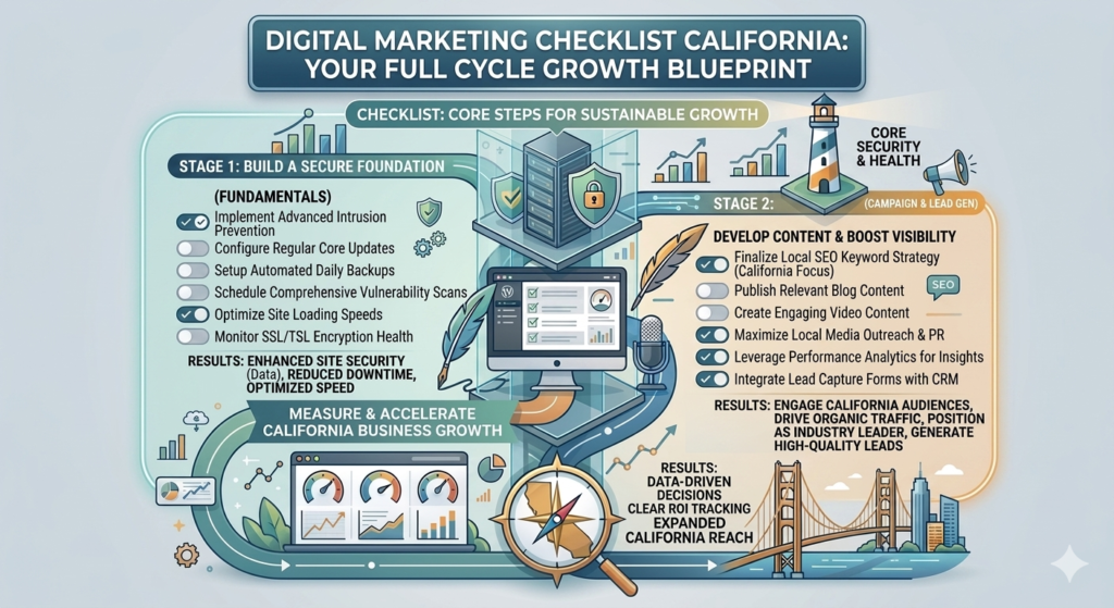 Digital marketing checklist California featuring SEO, Local SEO, content marketing, website optimization, lead generation, Google Business Profile optimization, and business growth strategies