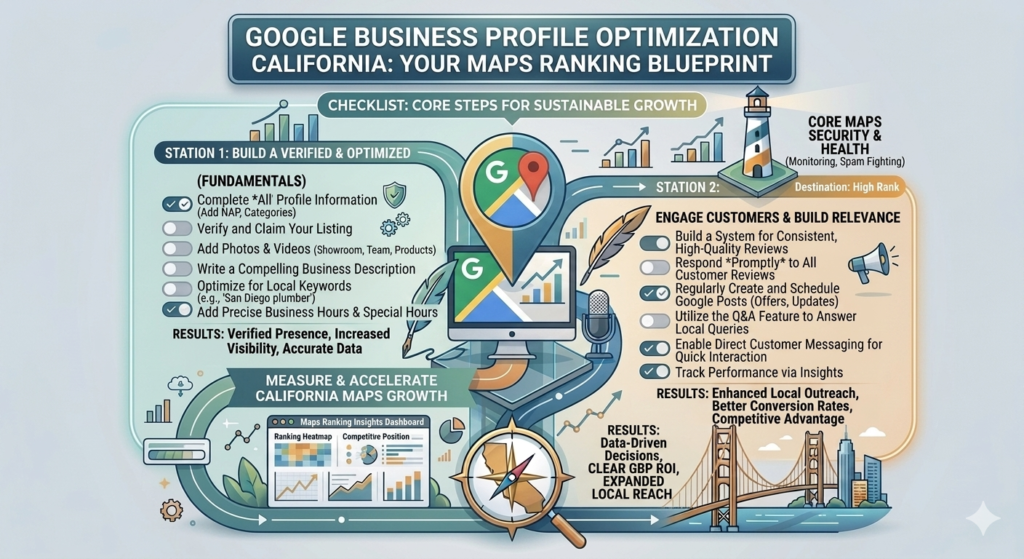 Google Business Profile optimization California helping businesses improve Google Maps rankings, increase local visibility, manage customer reviews, and generate more leads