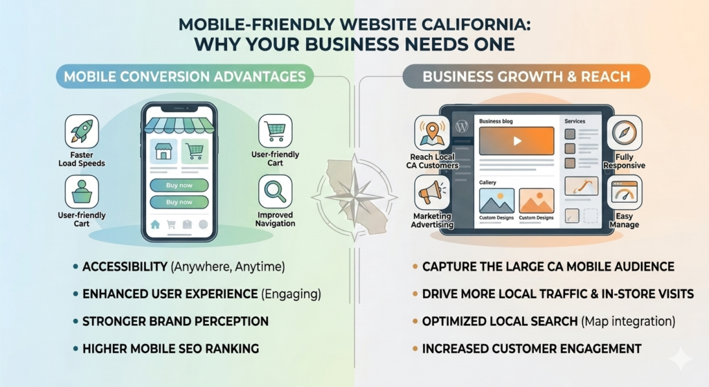 Mobile-Friendly Website California designed with responsive web development, fast loading speeds, and SEO optimization for businesses