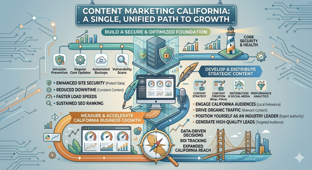 Technical SEO checklist for California businesses showing website optimization, Core Web Vitals, mobile responsiveness, website speed, and search engine performance