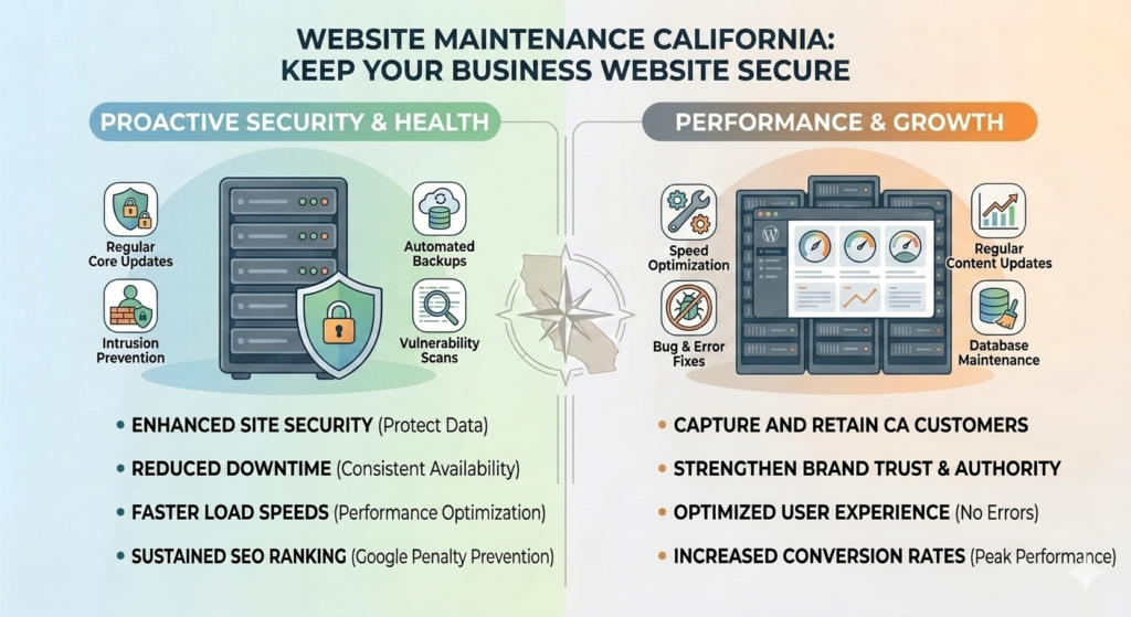 Website maintenance services in California helping businesses improve website security, speed, SEO, backups, and ongoing performance