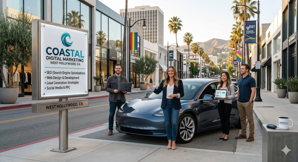 Digital Marketing Agency in West Hollywood, California providing SEO, Local SEO, website design, WordPress development, Shopify development, technical SEO, website maintenance, content marketing, and lead generation services.