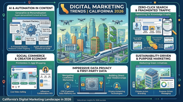 Digital Marketing Trends California 2026 highlighting SEO, Local SEO, responsive web design, content marketing, AI-assisted workflows, and lead generation